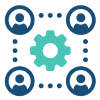 Gear icon framed by dotted border with person icons in each corner